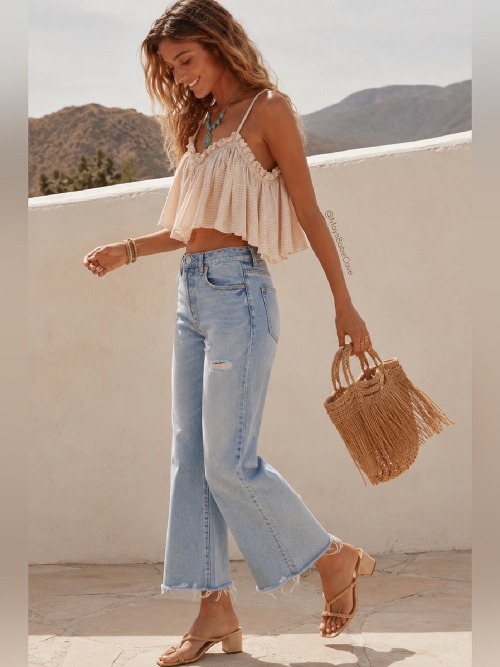 Faithfull the Brand Apricot Gingham Print Ruffled Crop Top - Picture 2 of 12